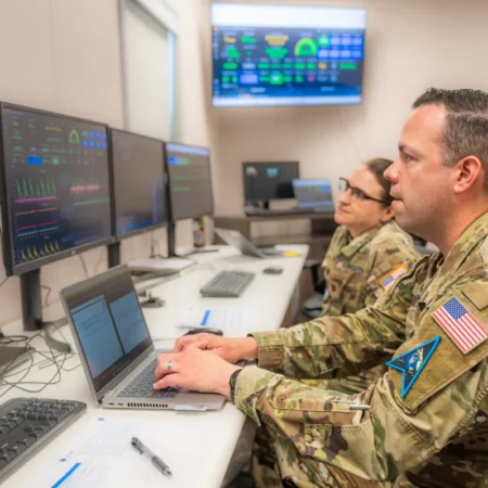 A Space Force service member communicates with an Air Force Research Laboratory XVI satellite at the U.S. Air Force Test Pilot School on Edwards Air Force Base, California. Credit: U.S. Air Force