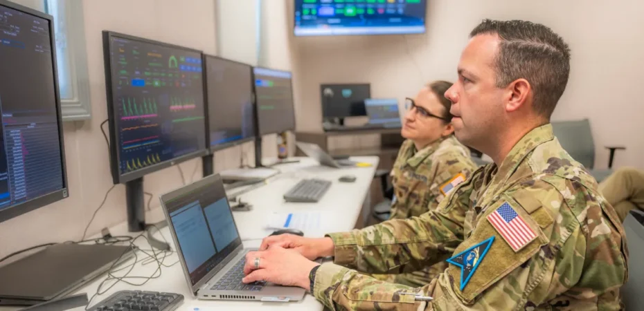 A Space Force service member communicates with an Air Force Research Laboratory XVI satellite at the U.S. Air Force Test Pilot School on Edwards Air Force Base, California. Credit: U.S. Air Force