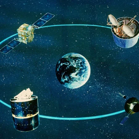 Concept art of various communications satellites around Earth. Credit: U.S. Government Archive / Public Domain